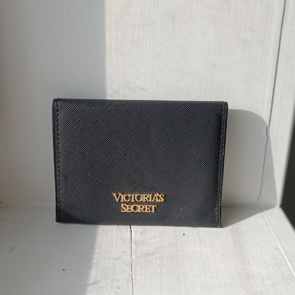 Victoria's Secret Black Bifold Wallet Card Holder with Gold Logo and Mirror